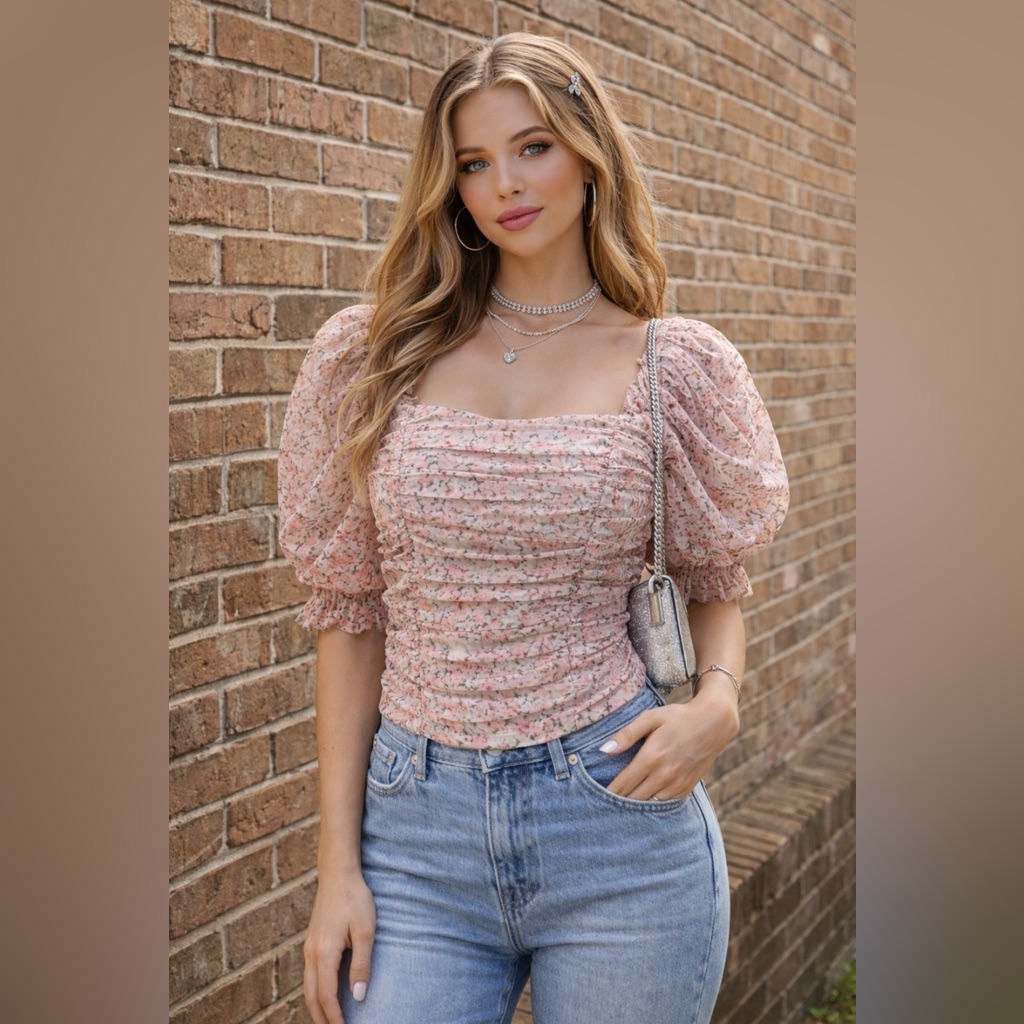 Retro Spring Dainty Floral Sheer Puff Sleeve Smocked Ruched Coquette Crop Top S